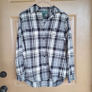 Ralph Lauren Womens Small Petite Monogram Cotton Flannel Shirt Pockets Cabin